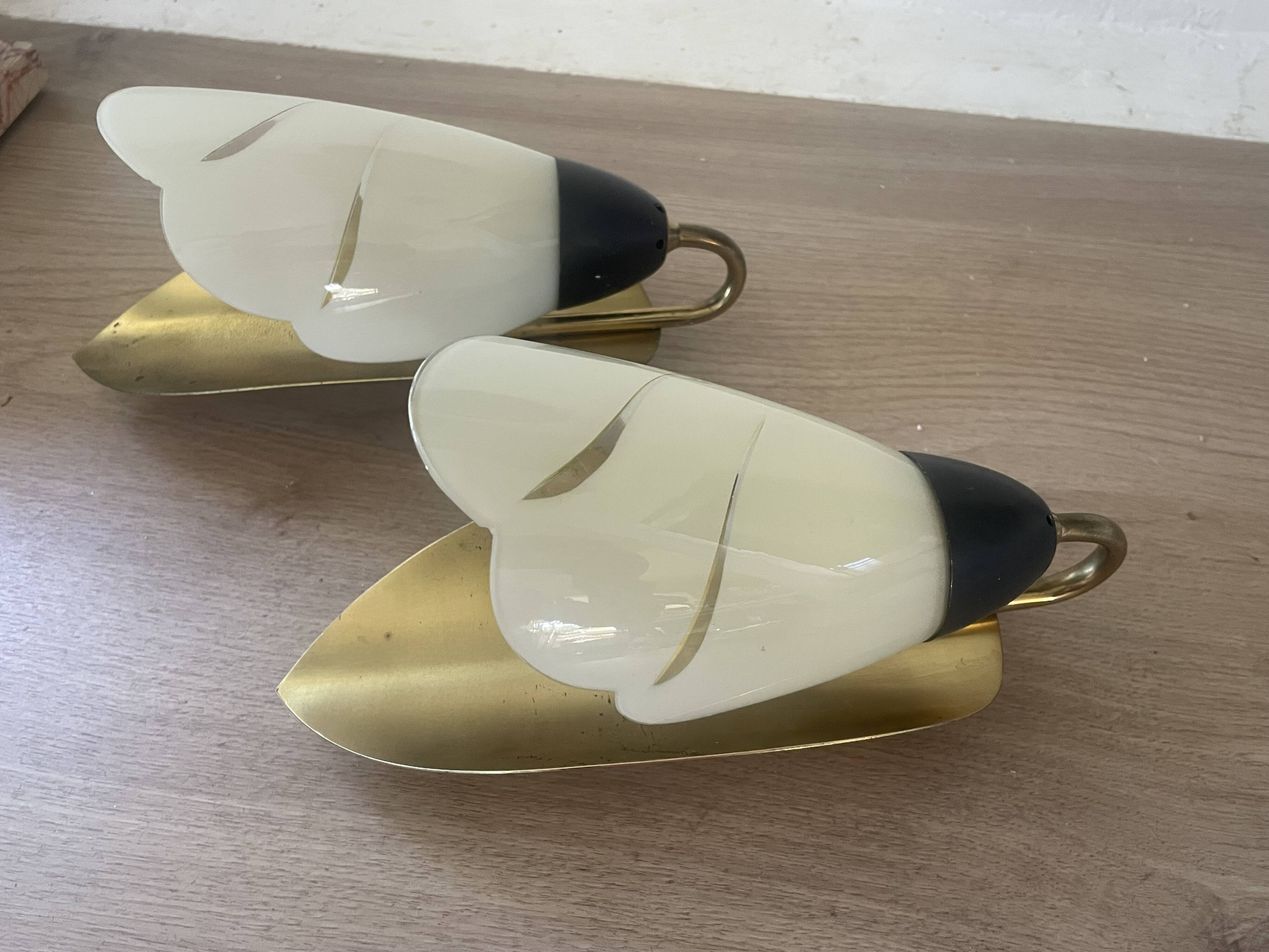 Pair of vintage wall sconces, opaline glass and brass circa 1950.