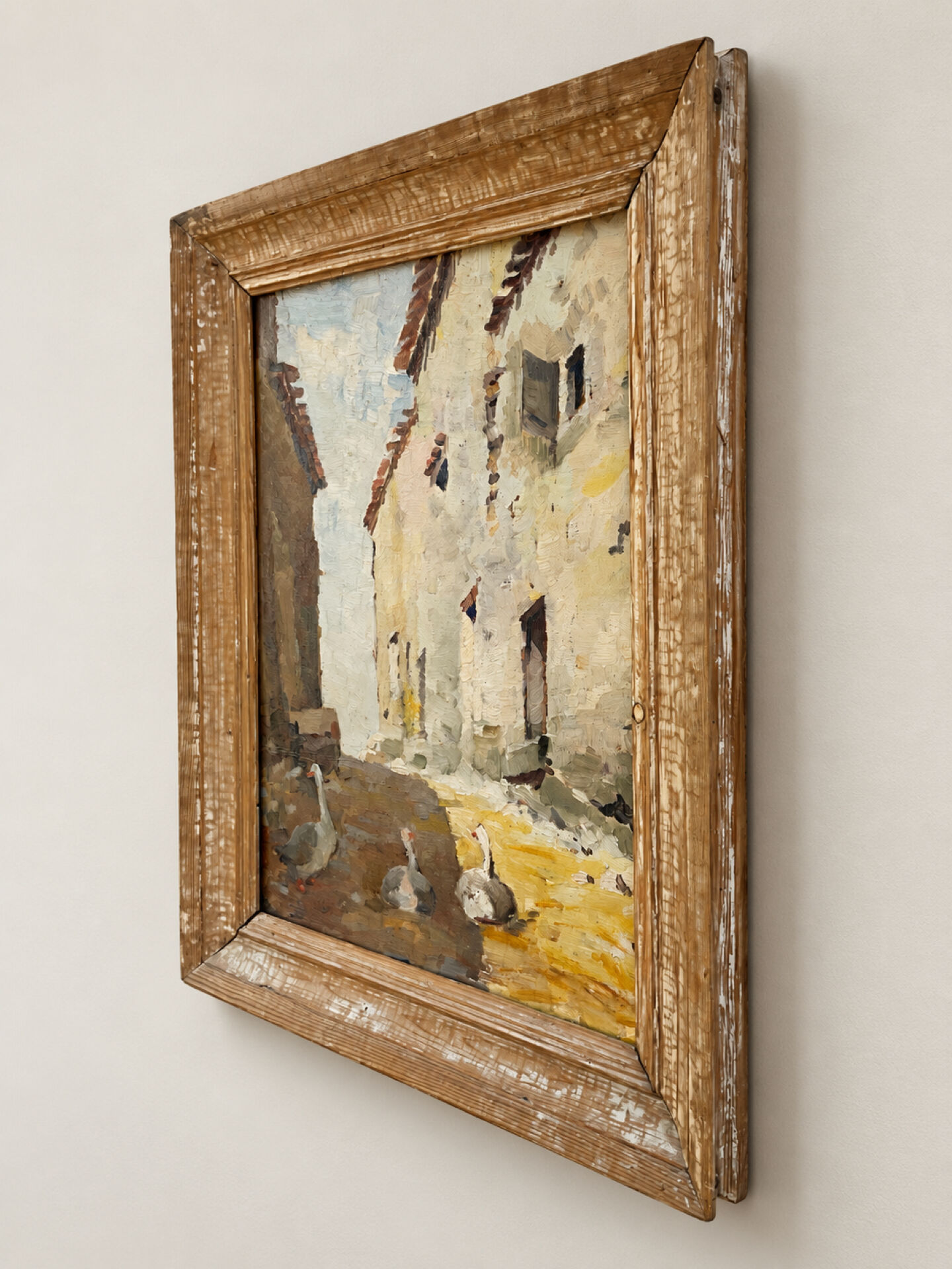 Oil on double-sided panel with geese, signed Robert, dated 1930.