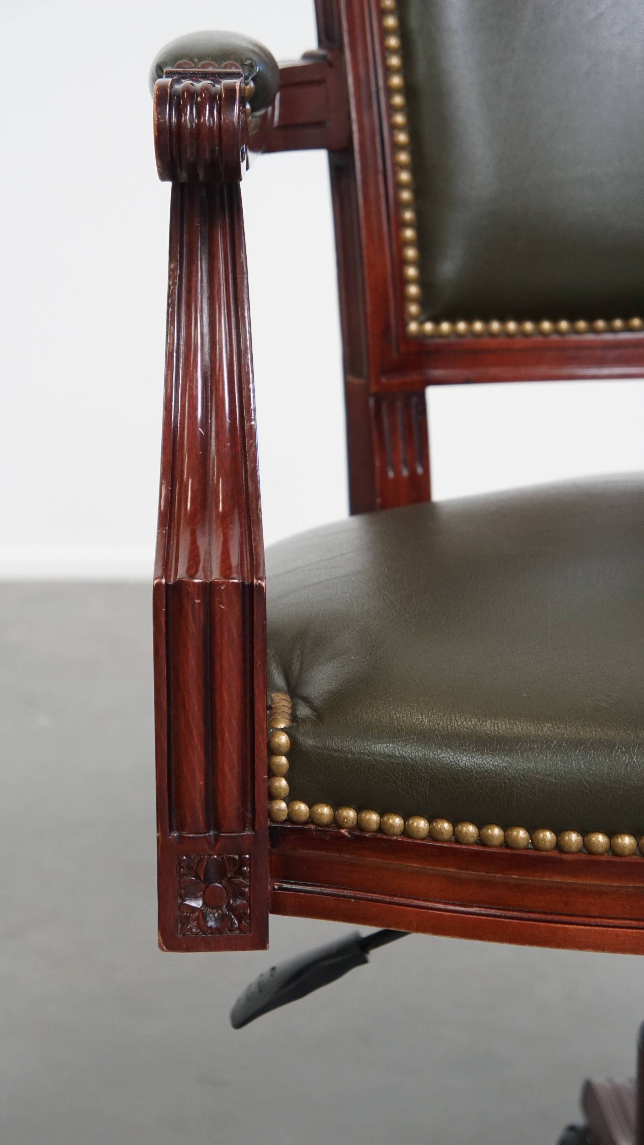 Green Cowhide Leather and Wooden Office Chair in English Style on Casters
