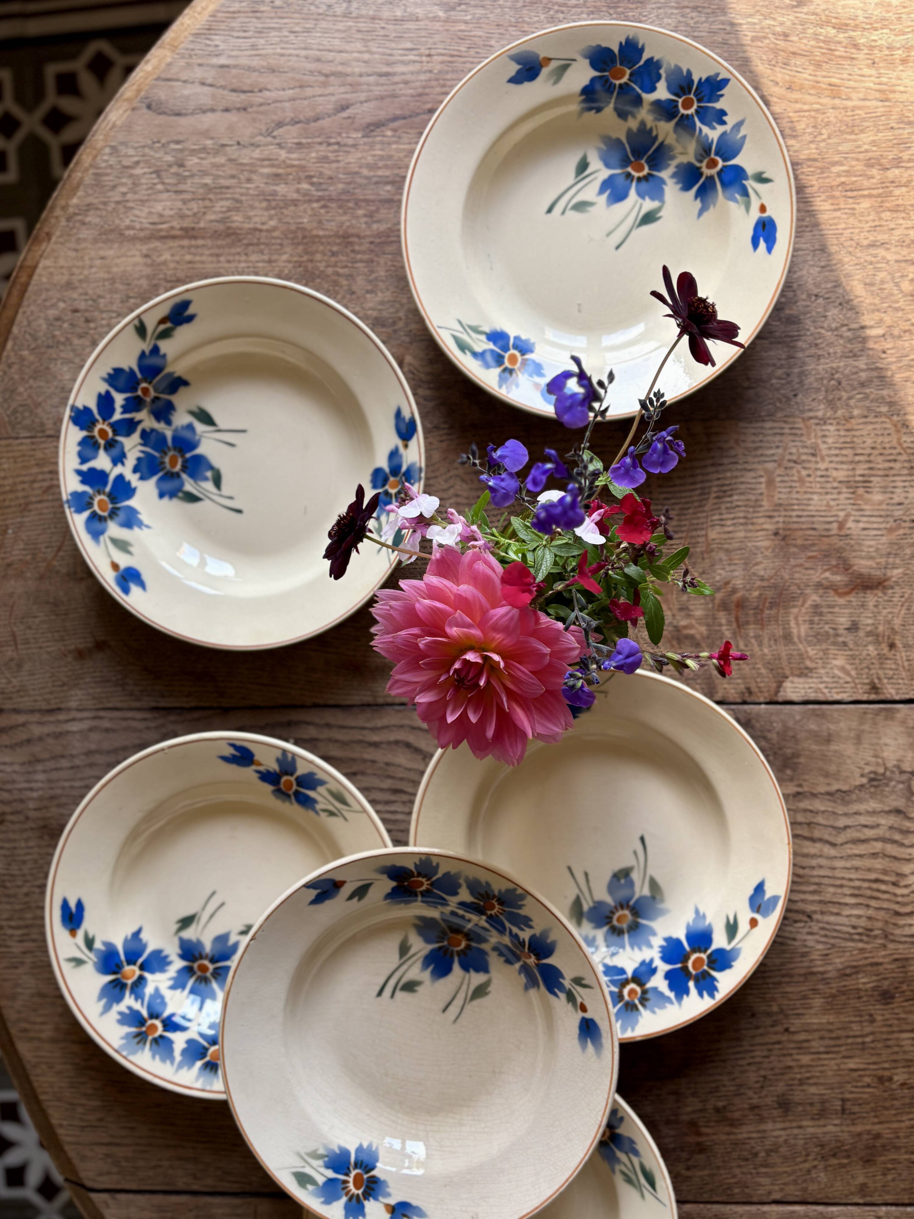 Set of 6 old-fashioned soup plates with blueberry decorations