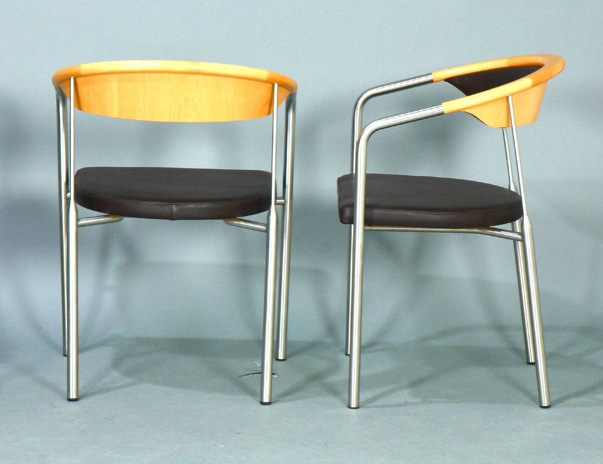 Series of 6 danish armchairs in stainless steel and wood, dark brown leather seats from the 1990s