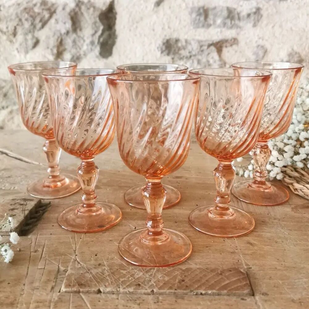 6 Vintage pink stemmed glasses, Rosaline Luminarc