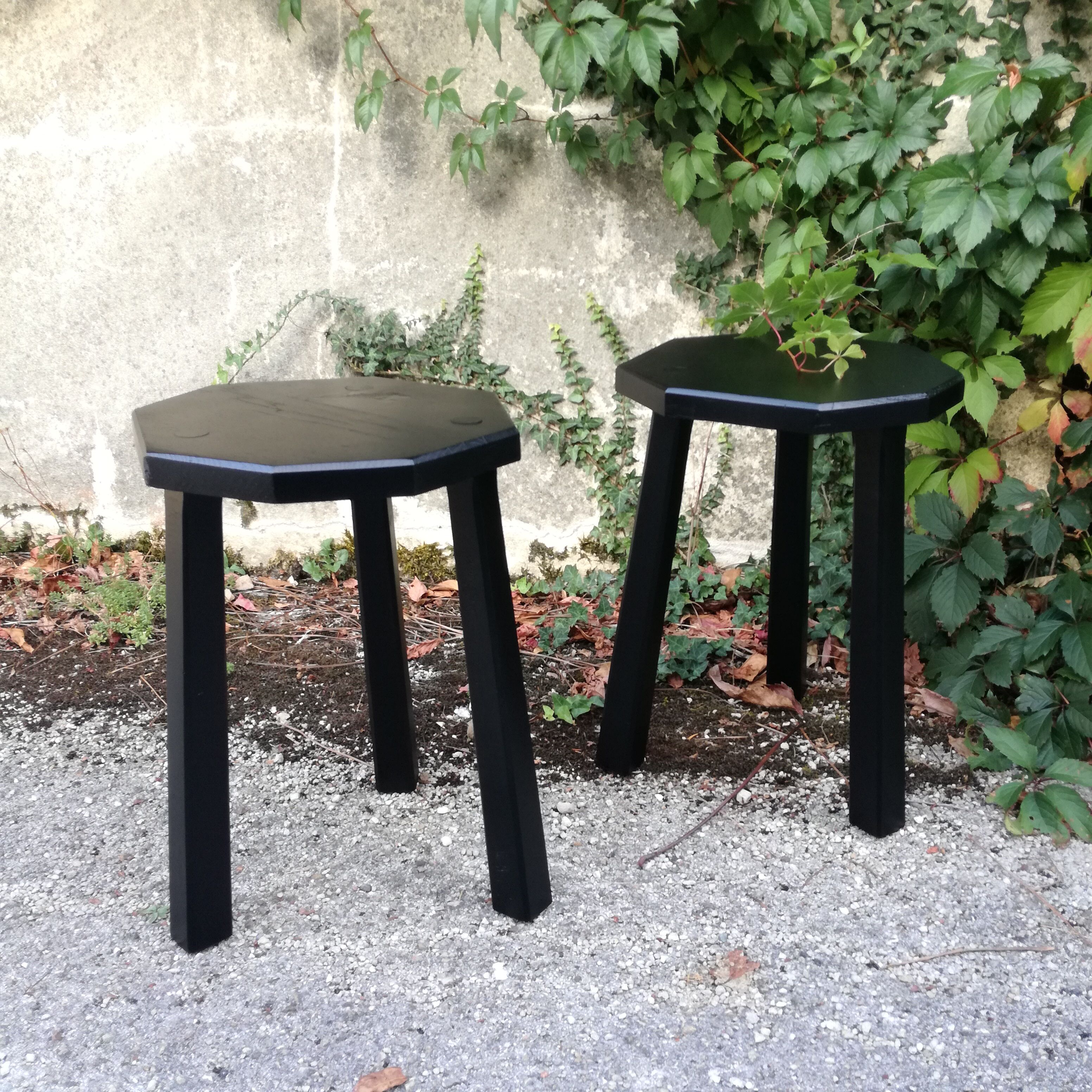 Black brutalist wooden stools, set of 2