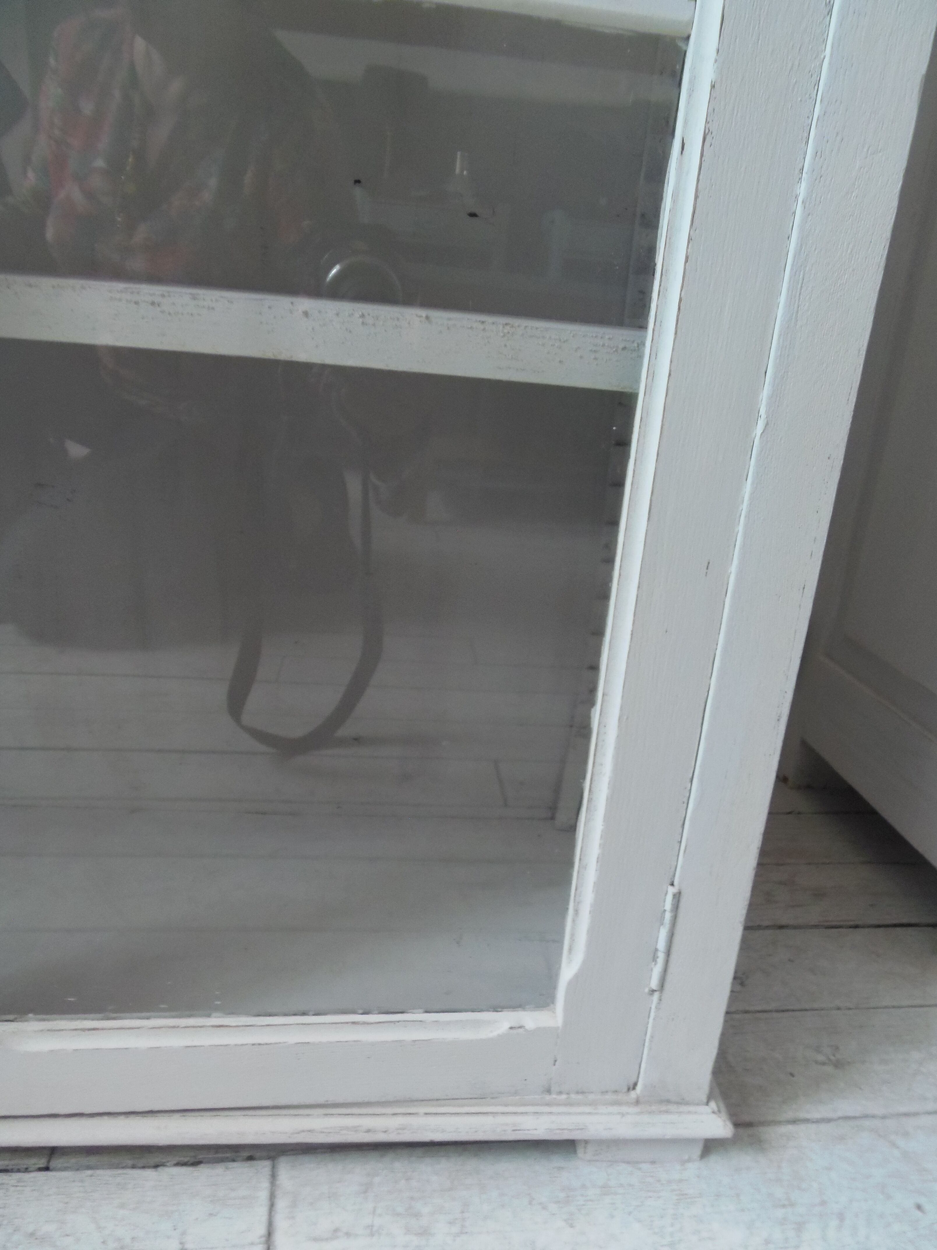 Showcase, bookcase, vintage pearl grey patinated cupboard, wooden top.