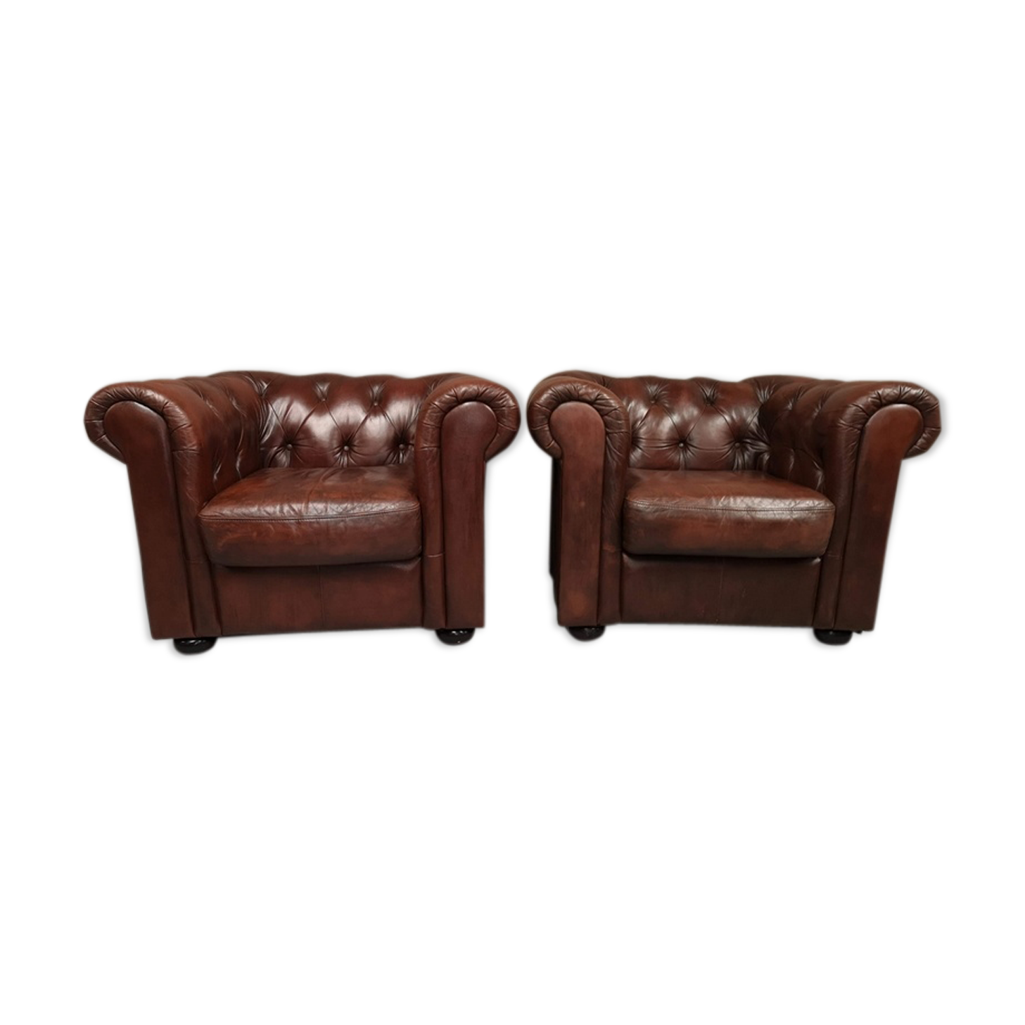 Brown brown leather chesterfield armchairs