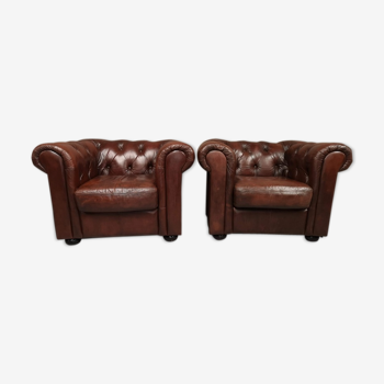 Brown brown leather chesterfield armchairs