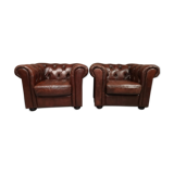 Brown brown leather chesterfield armchairs