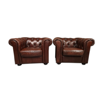 Brown brown leather chesterfield armchairs