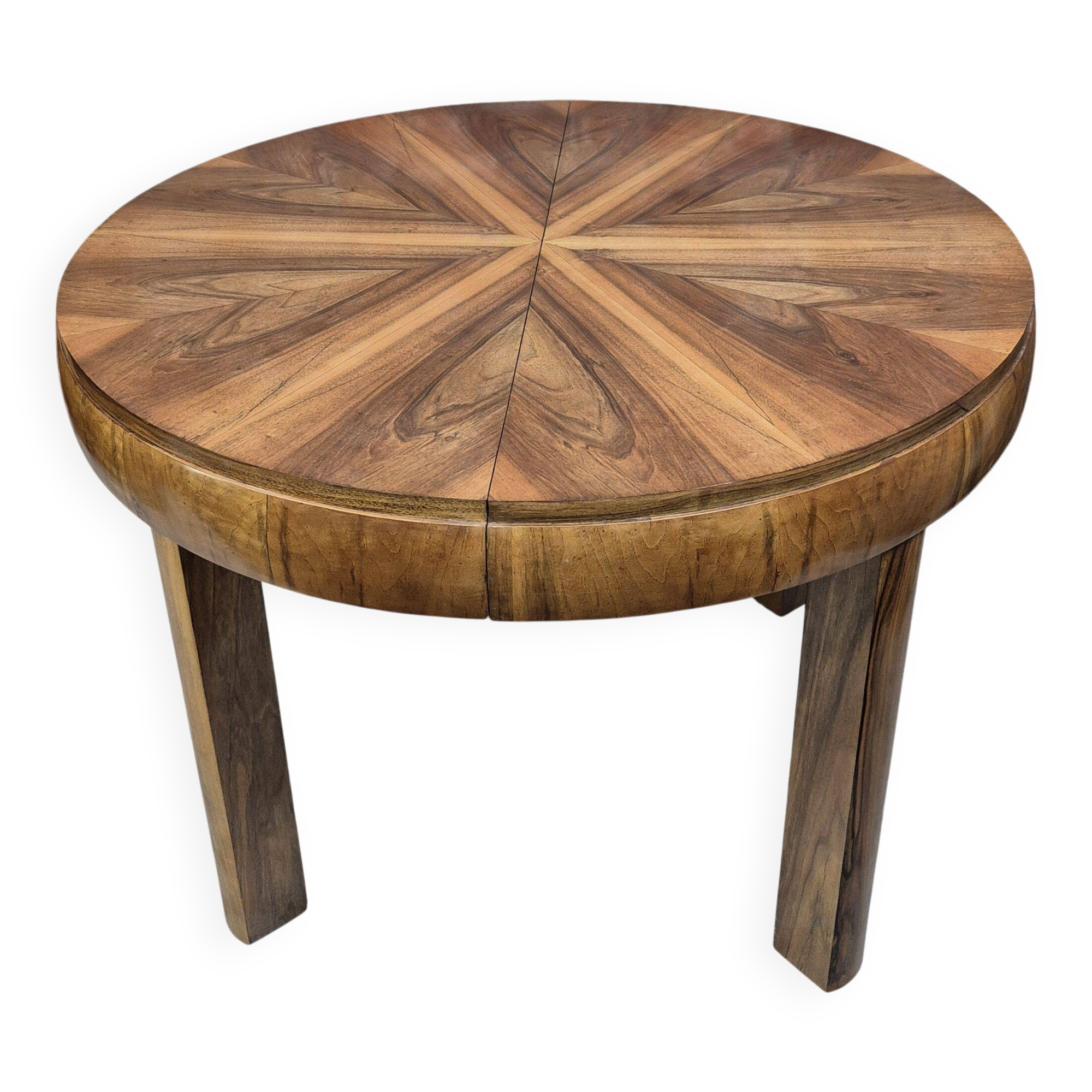 Walnut extendable round table after professional restoration. Art deco.