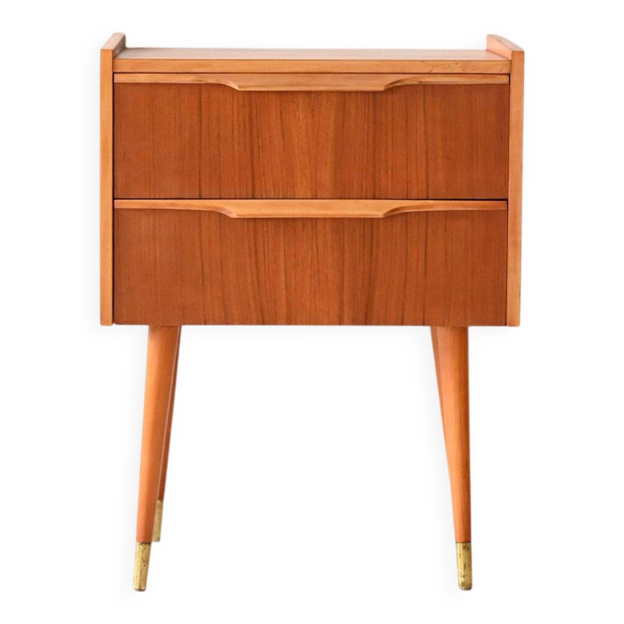 1950s Scandinavian Teak Nightstand with Brass-Tipped Legs