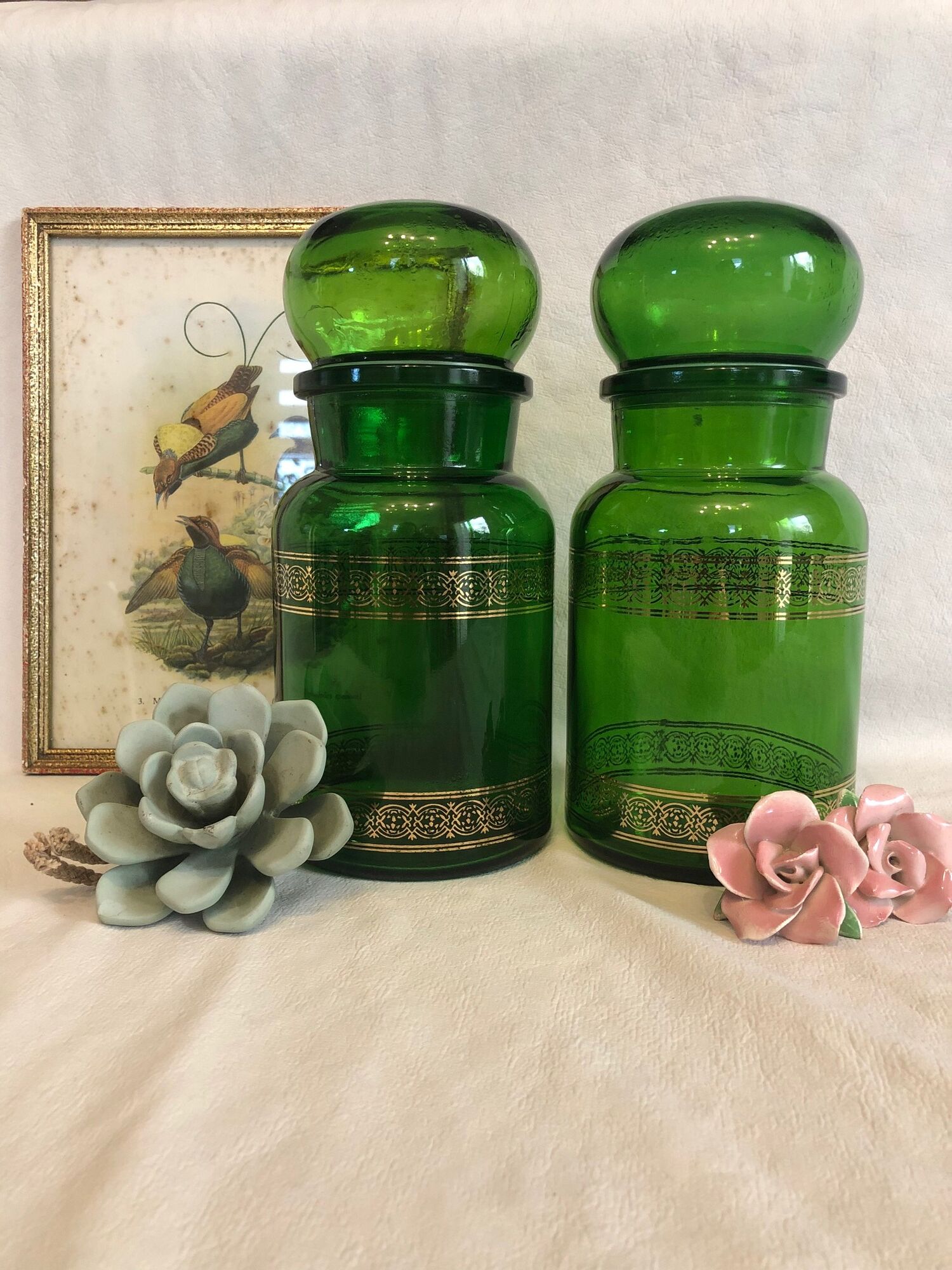 2 jars of green glass apothecary and 1970s gilding