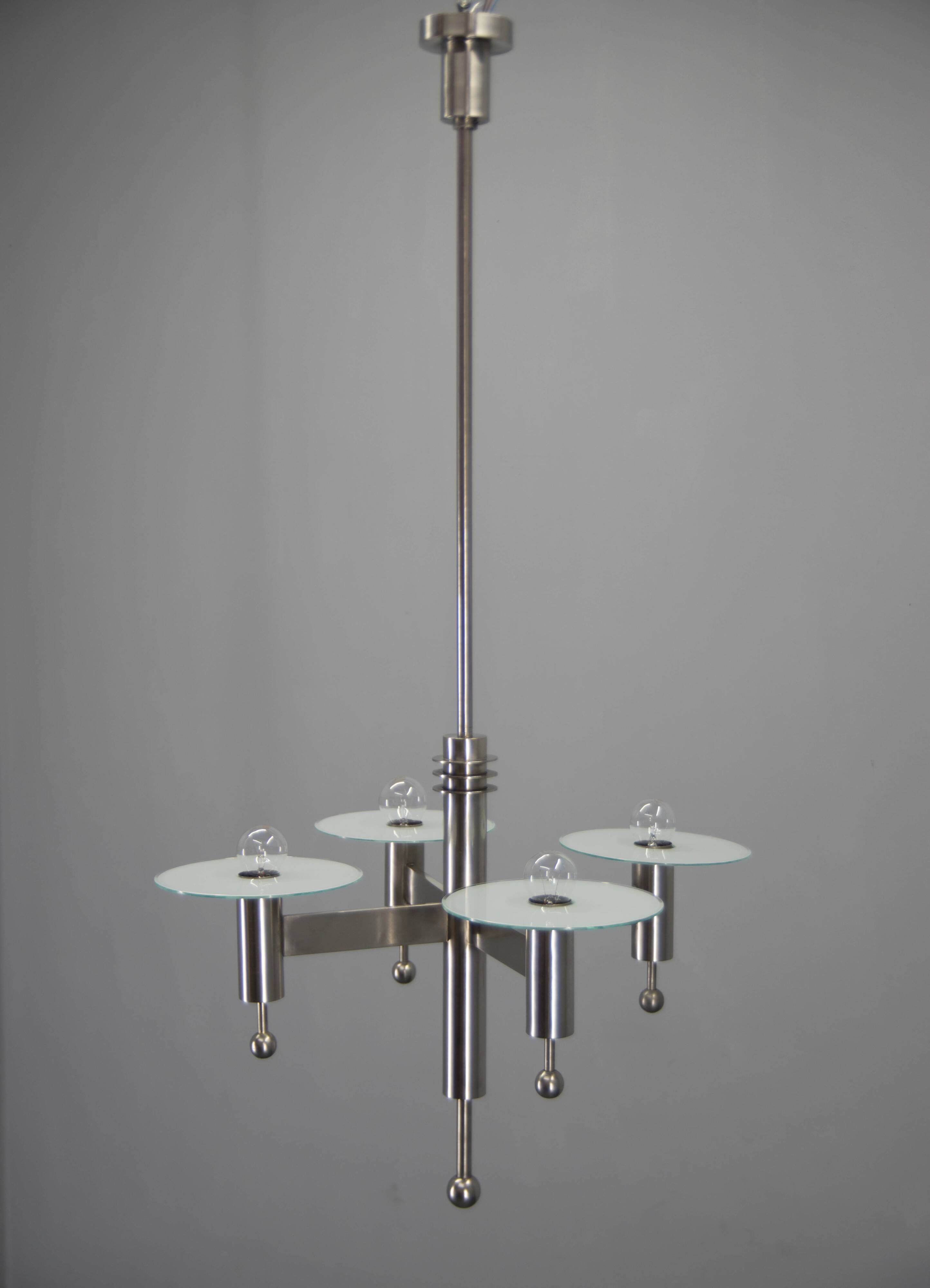 Machine Age Nickel-Plated 4-Flamming Chandelier, 1920s