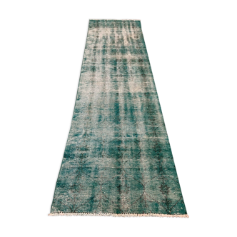 Distressed Turkish Narrow Runner 288x84 cm wool Vintage rug, Overdyed Green