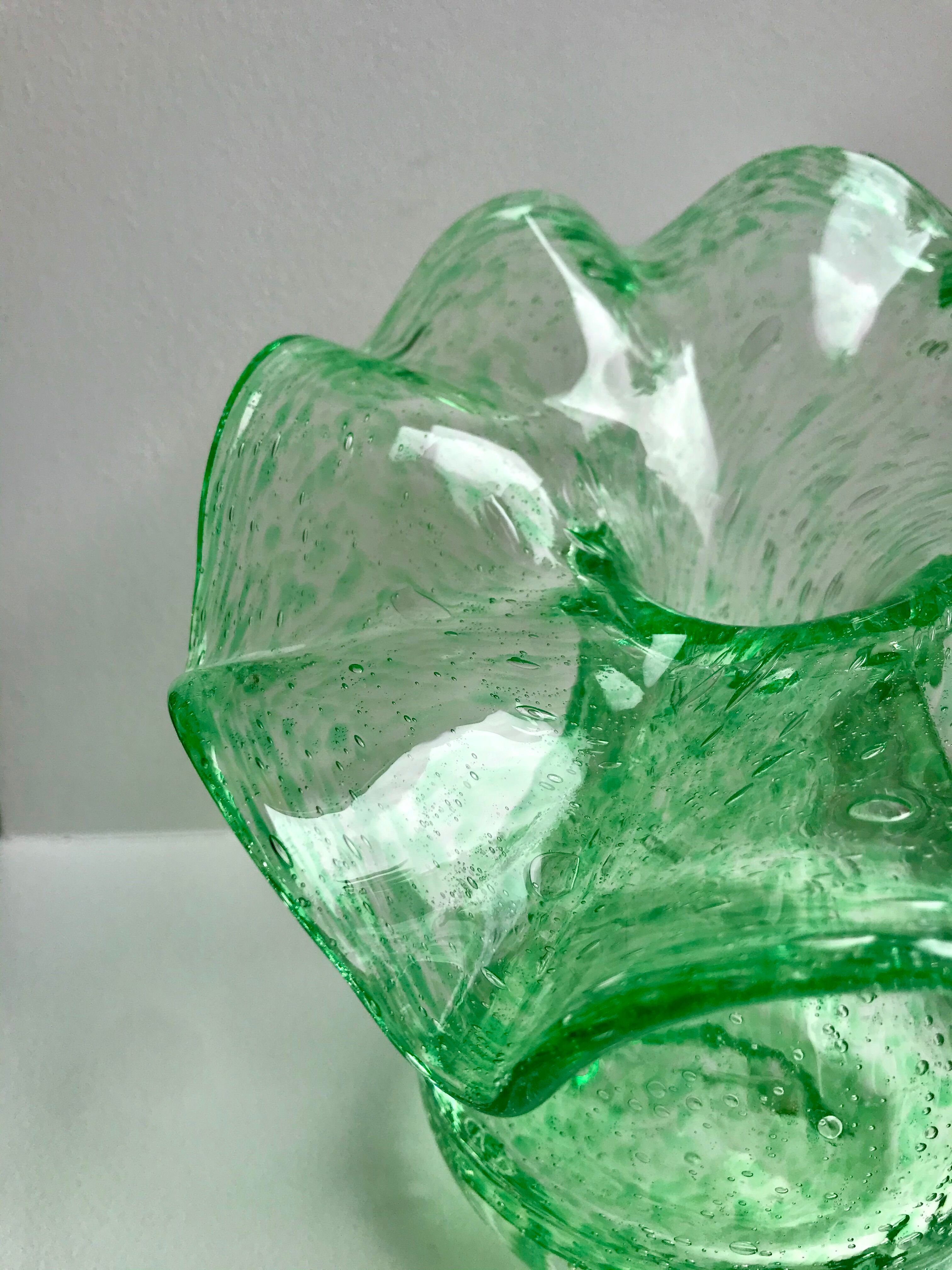 Biot bubbled glass corolla vase signed Riom vert years 60-70
