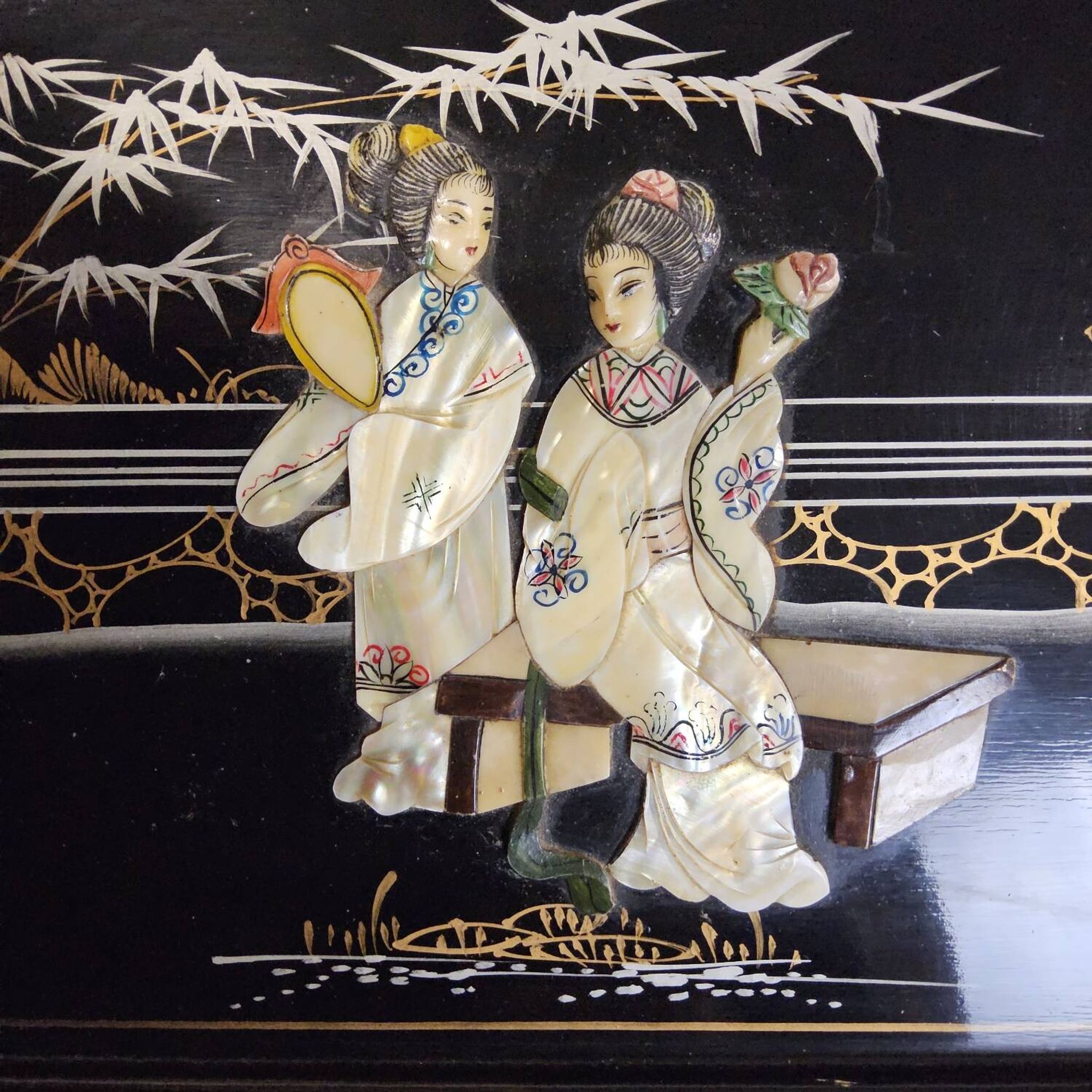 Vintage Chinese lacquer secretary desk with mother-of-pearl