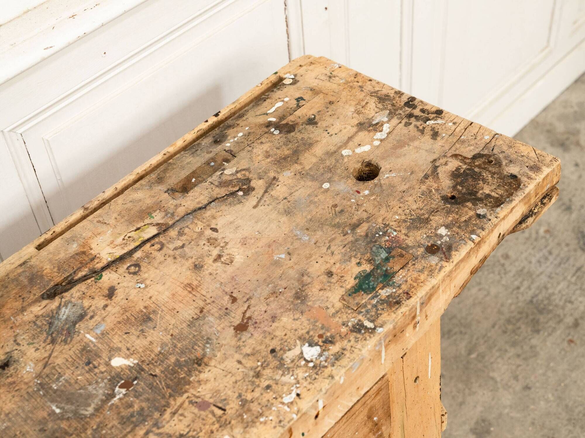 Old small workbench with drawer, beautiful original patina, 1920.