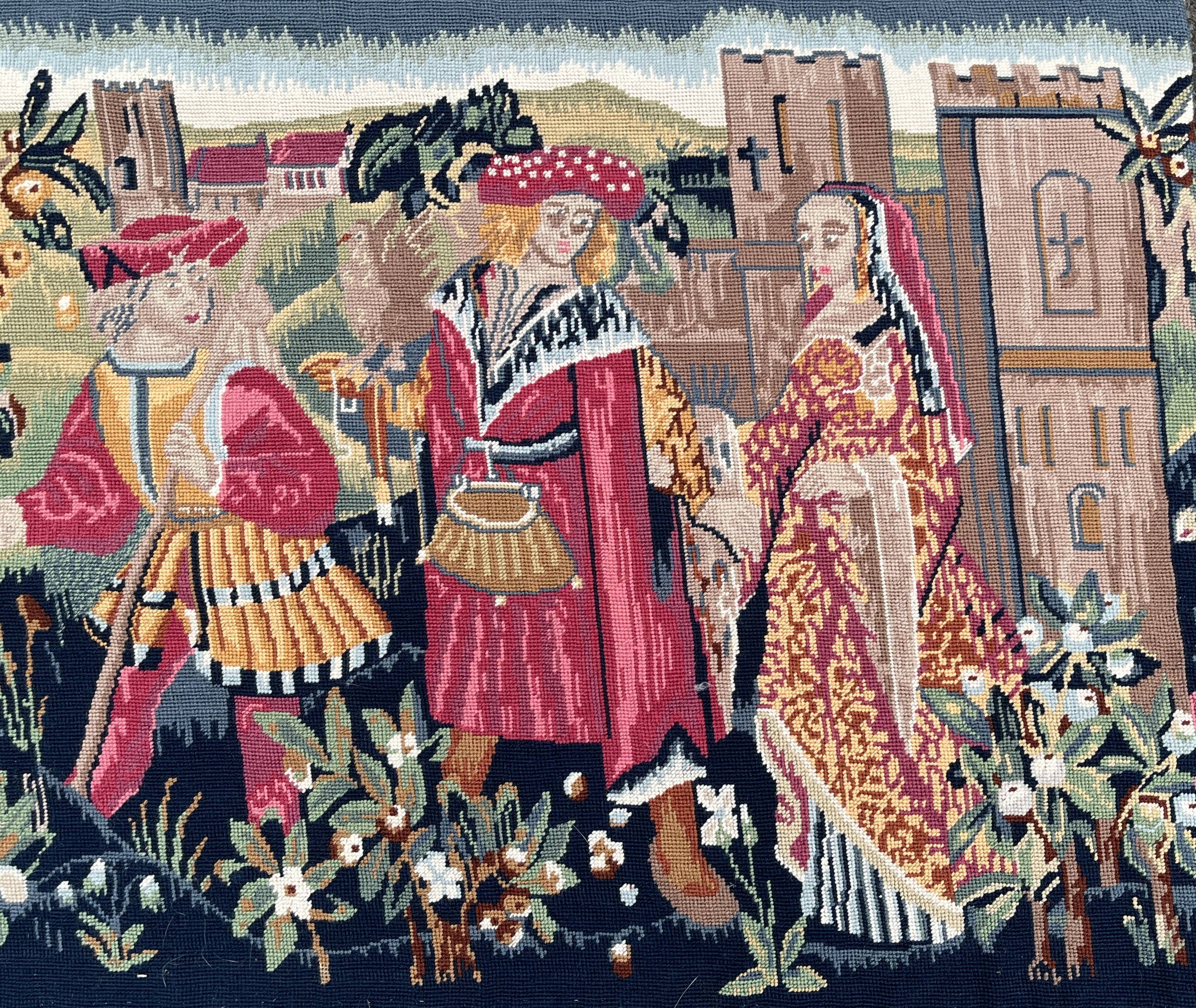 Important handwoven tapestry Medieval life 20th century