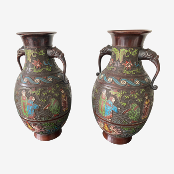 Pair of bronze baluster vases "meiji"