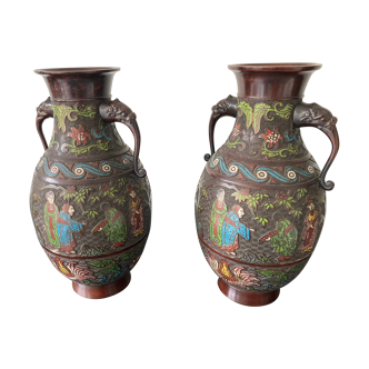 Pair of bronze baluster vases "meiji"