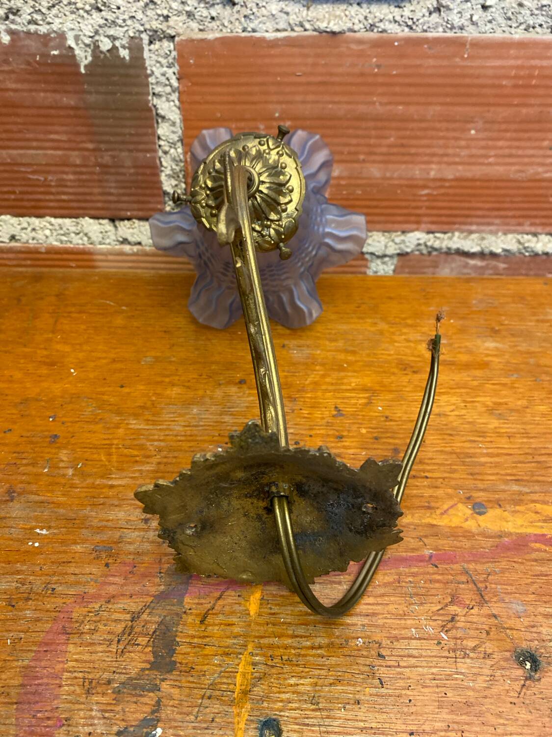 Antique art nouveau gilt bronze wall lamp + vintage blue glass tulip