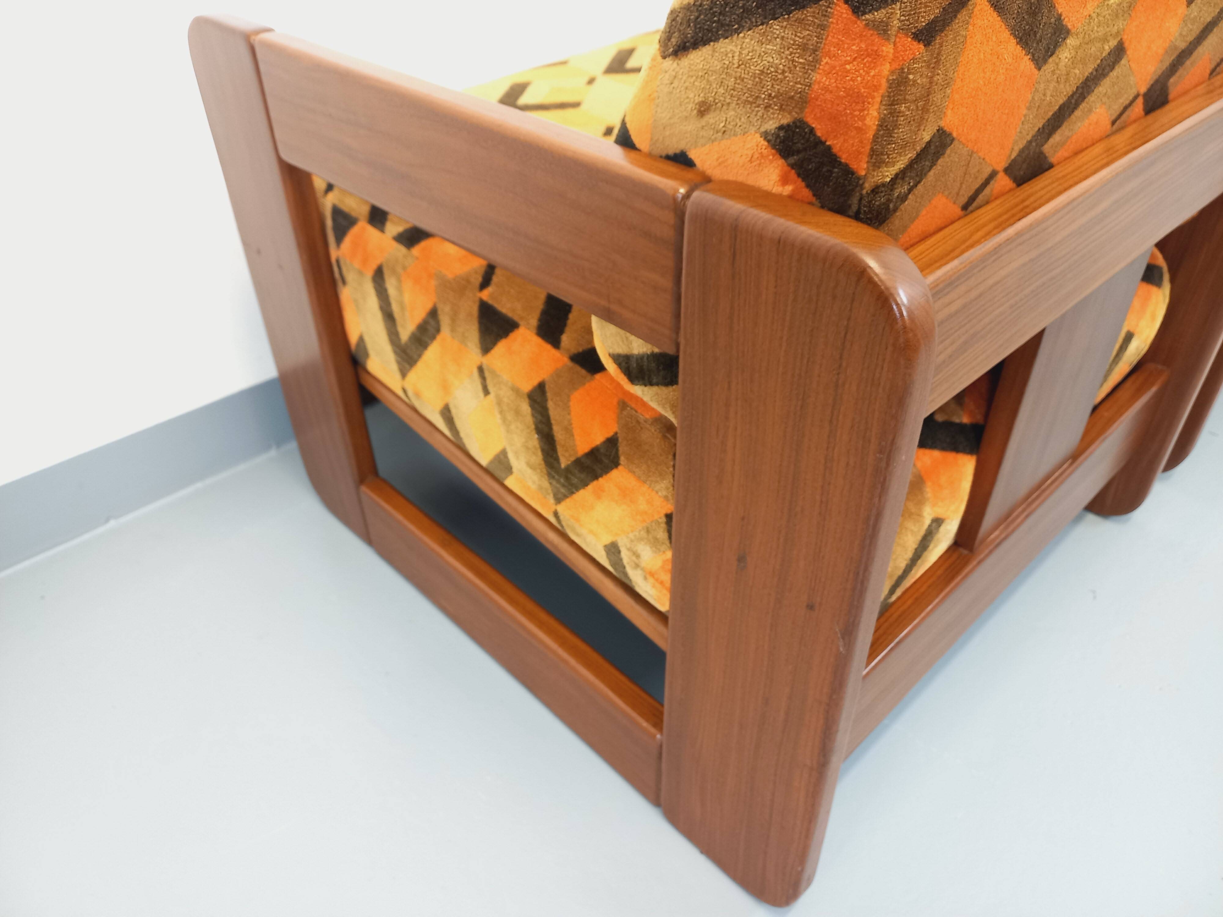 Pair of vintage walnut and velvet fabric sleigh armchairs from the 70s