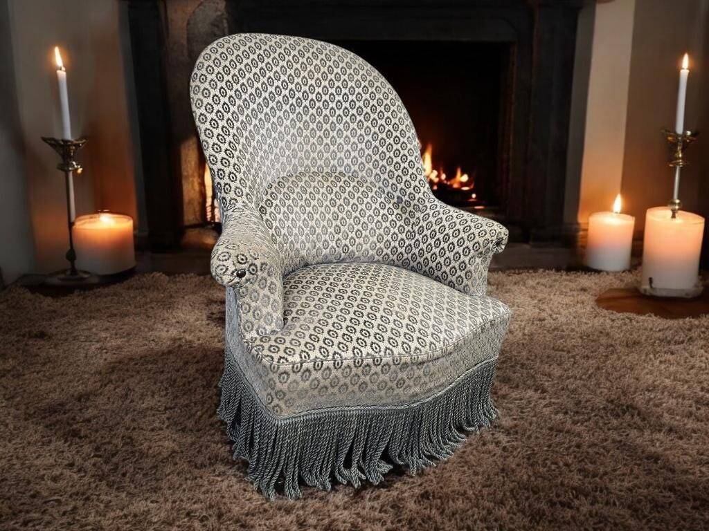 Fauteuil crapaud vintage en tissu gris