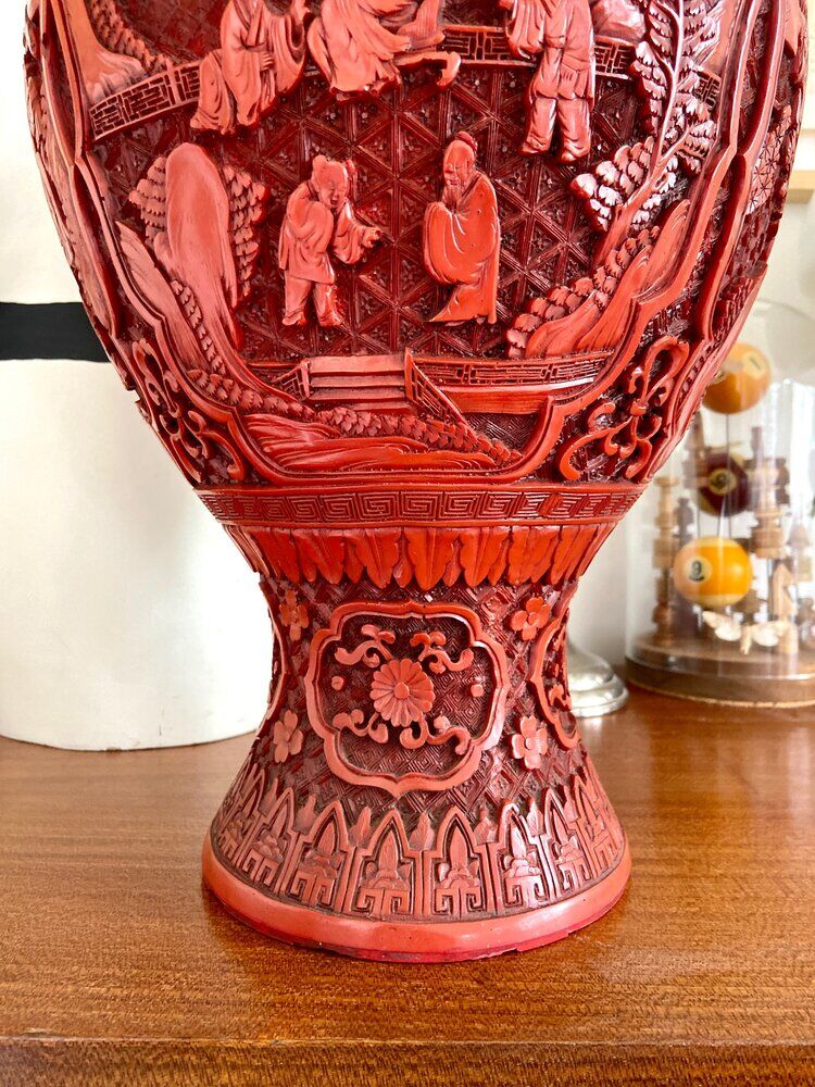 Asian metal vase and red resin