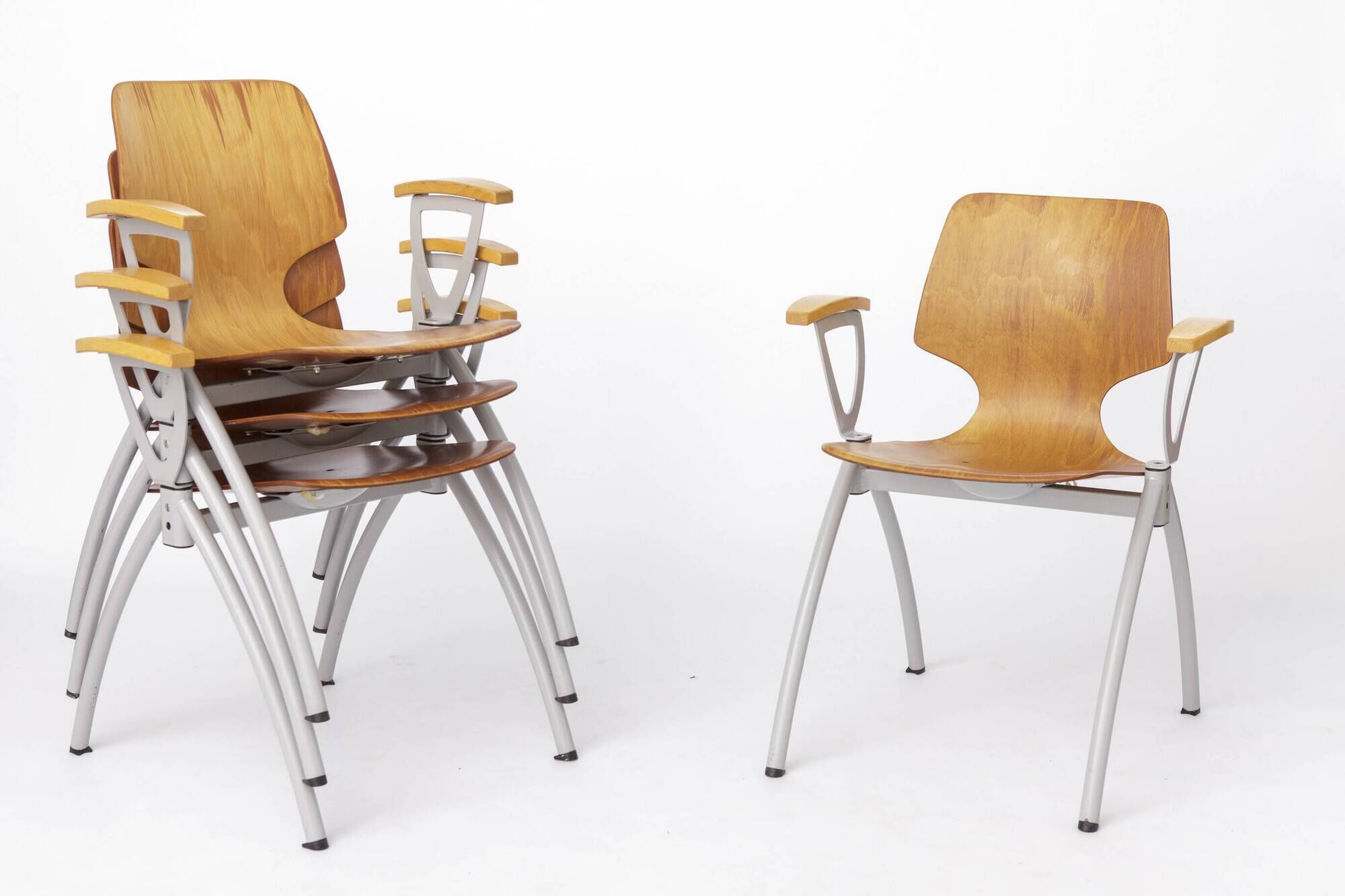 Set of 4 Vintage Pagholz Stackable Chairs, Industrial Dining Chairs, German