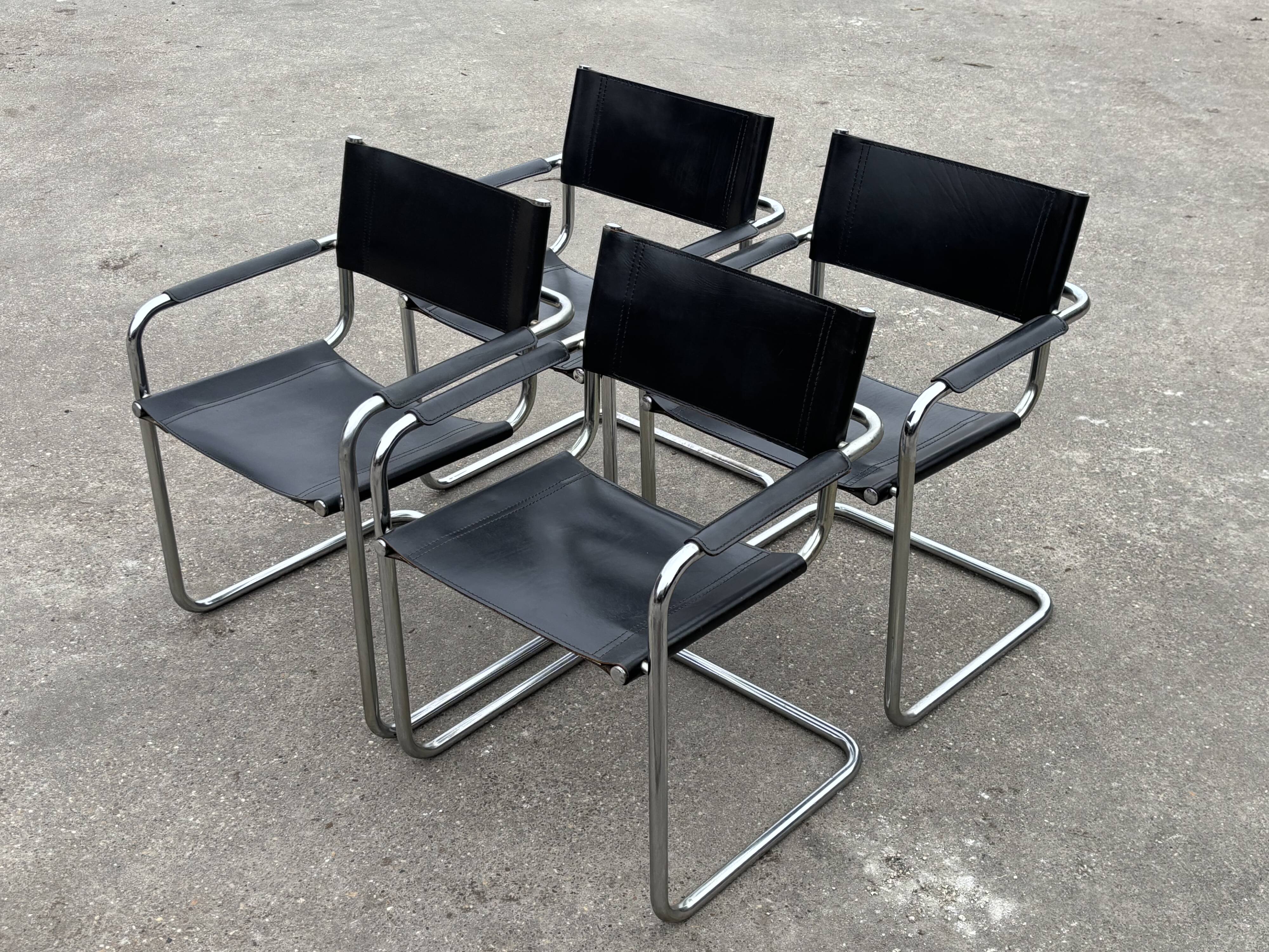 Vintage set of 4 tubular leather chairs style MG5 Grassi