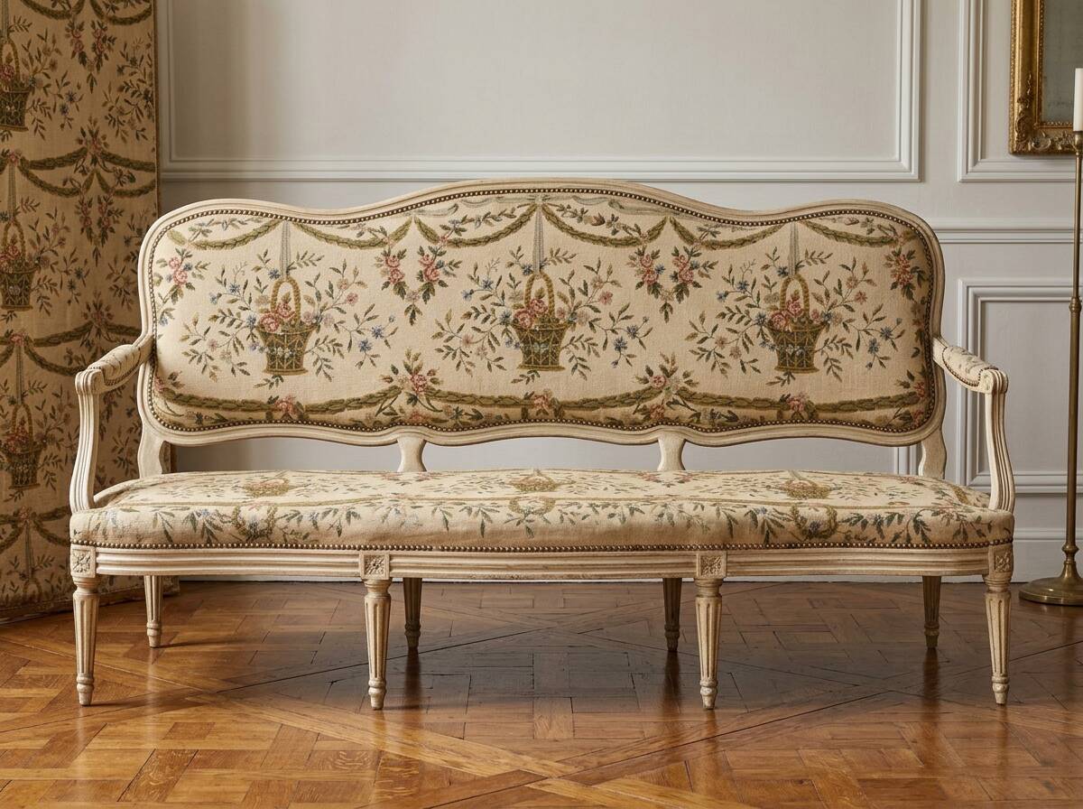 Louis XV style canapé in carved natural wood and floral upholstery.