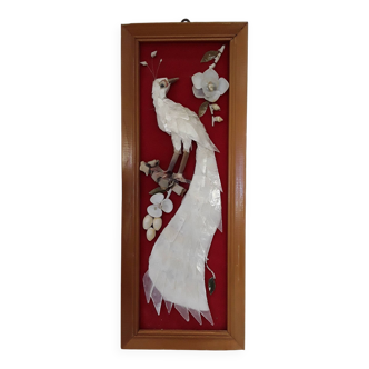 Mother-of-pearl and shell peacock bird frame