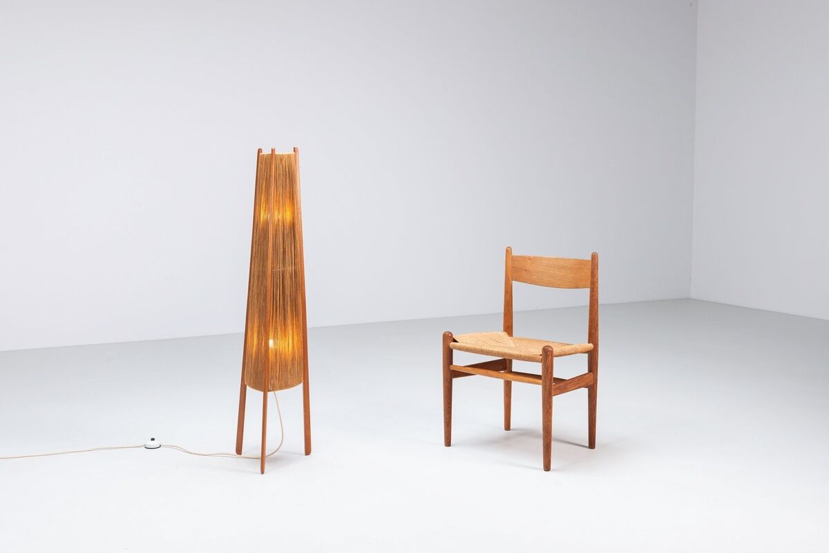 Temde tripod floor lamp in sisal and teak, Switzerland, 1960
