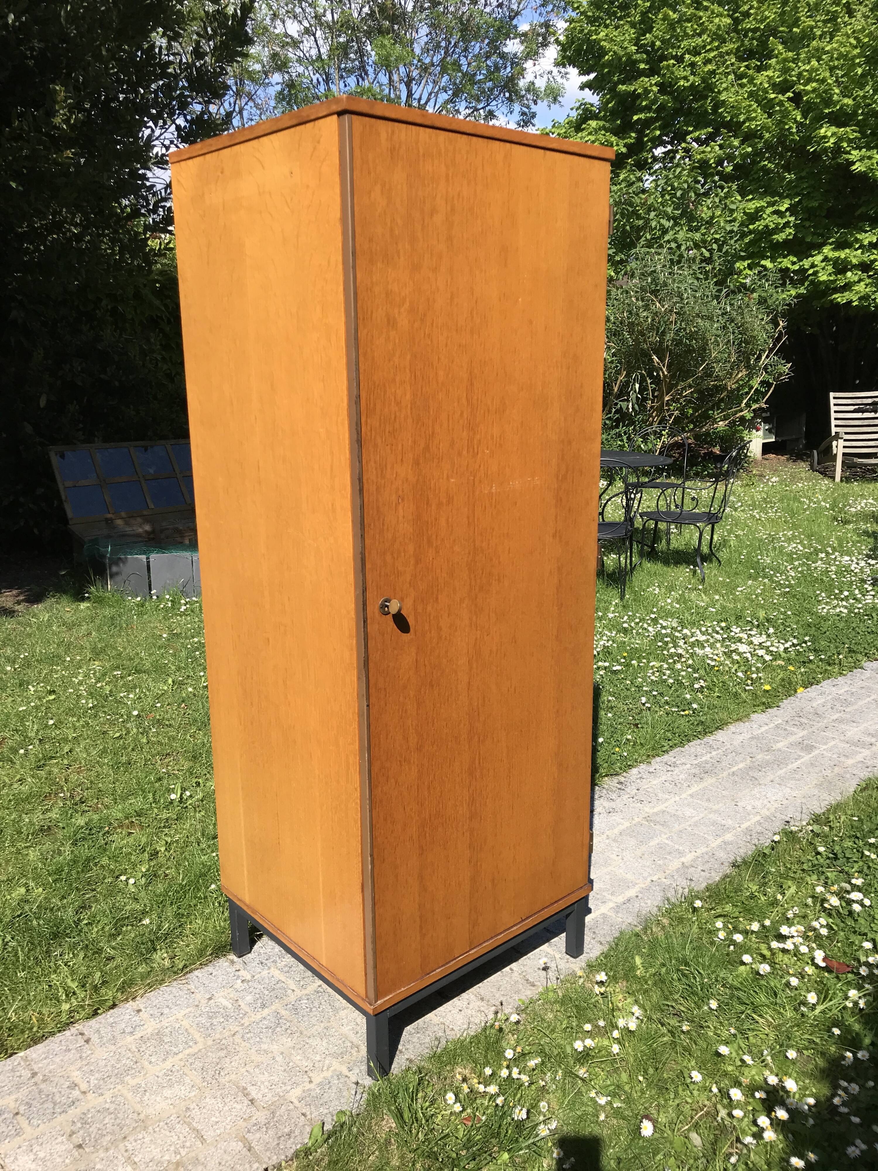 Vintage wardrobe 1960 blond wood and metal feet