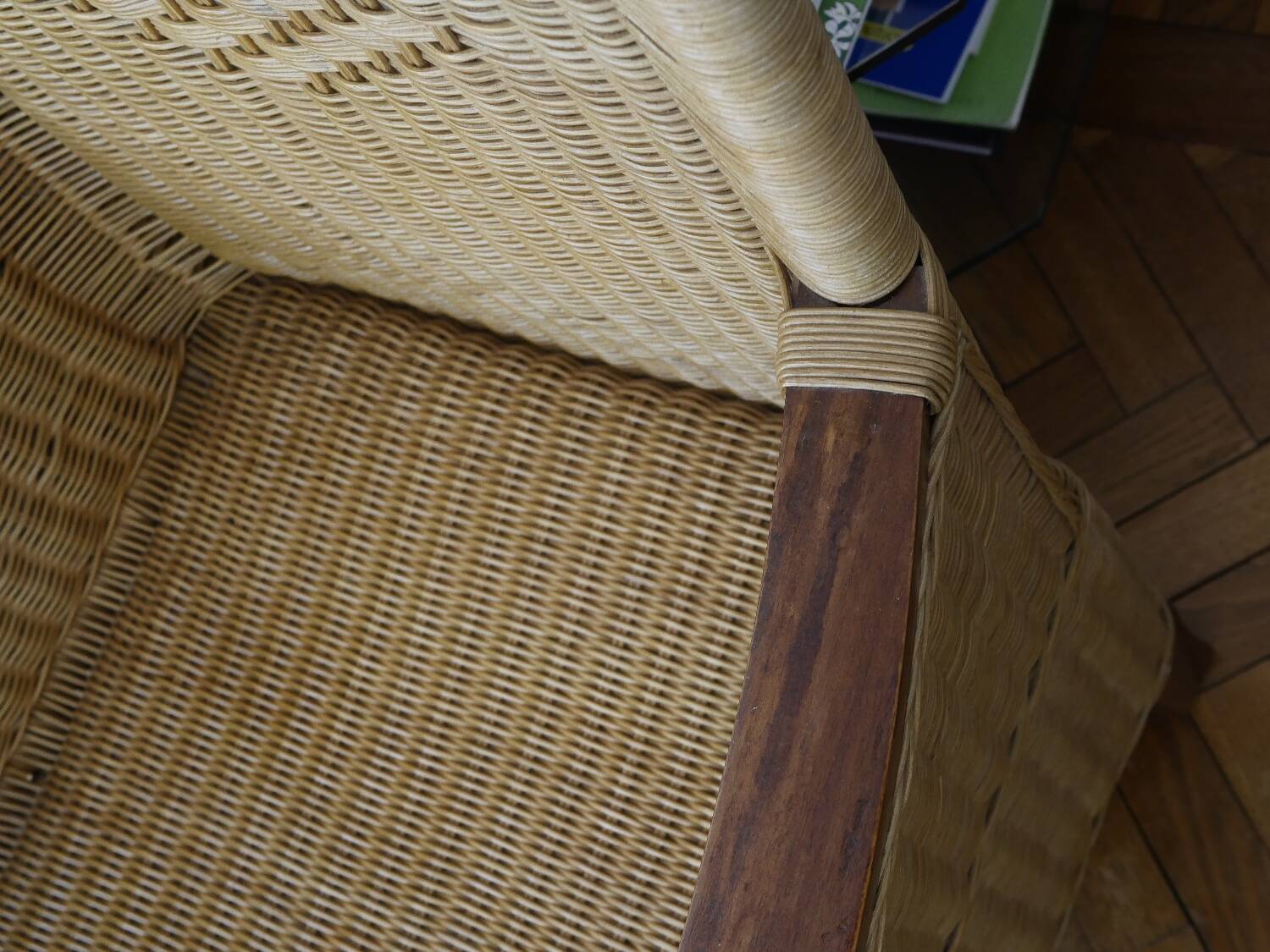 2 rattan and wood armchairs
