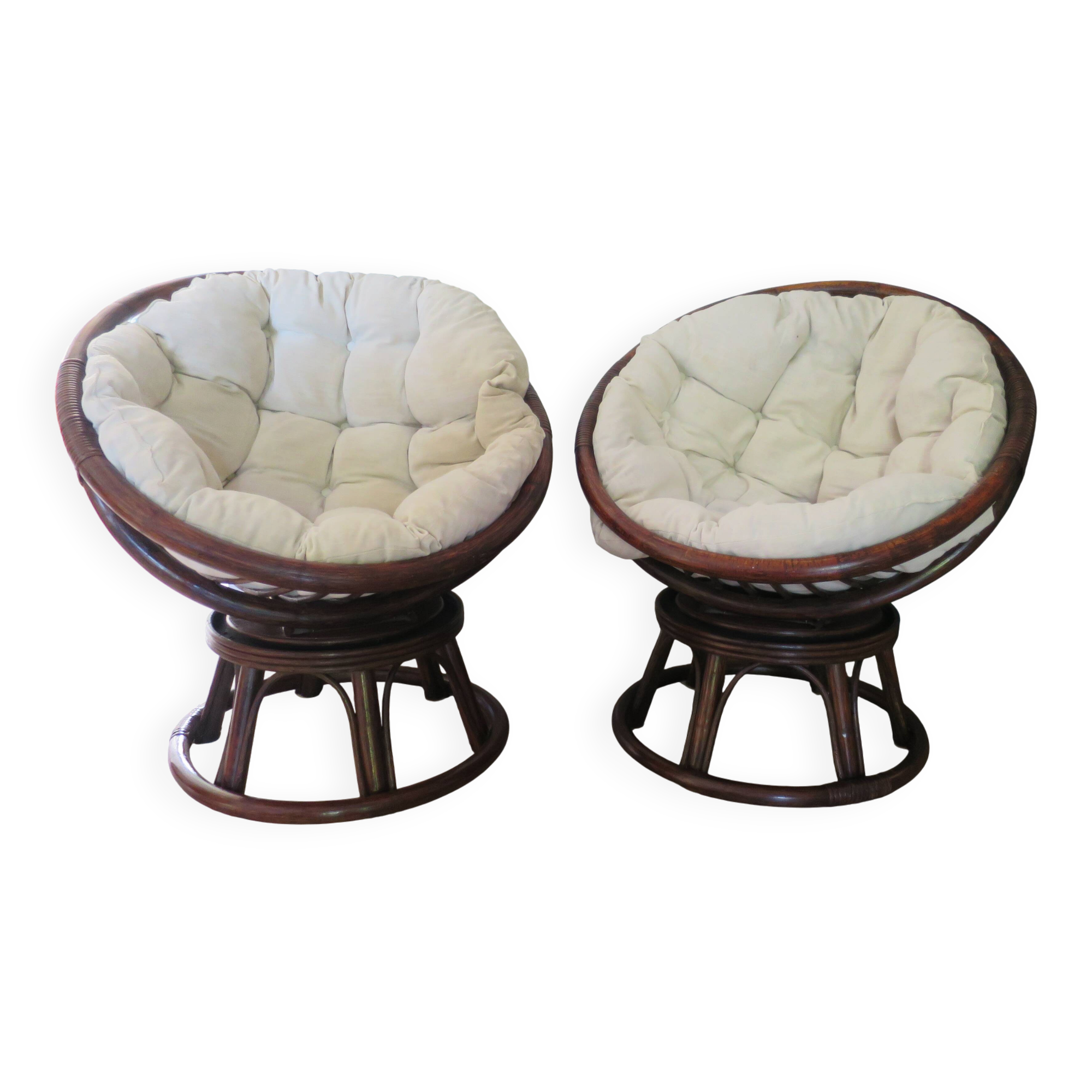 Vintage set of 2 swivel chairs in bamboo and rattan - Papasan shape