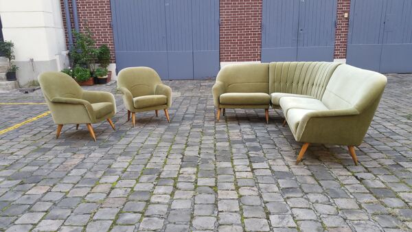 Ensemble de fauteuils Danois club organique années 50 Vert tendre glacé