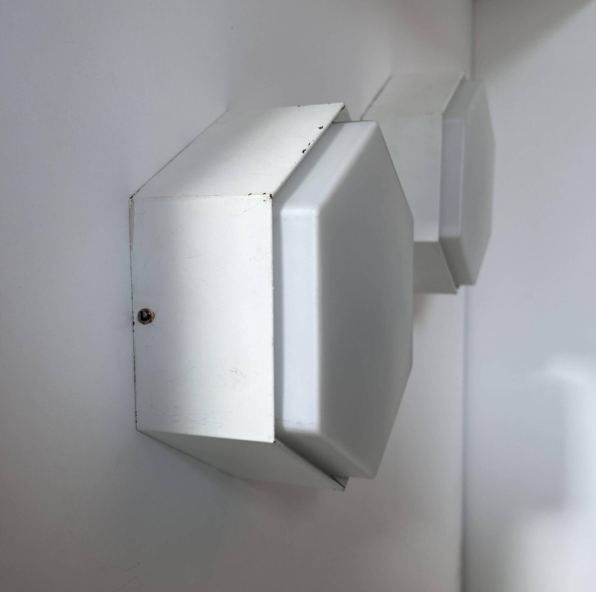 Pair of vintage Raak wall lights, opaline and white lacquered metal, Netherlands 1968