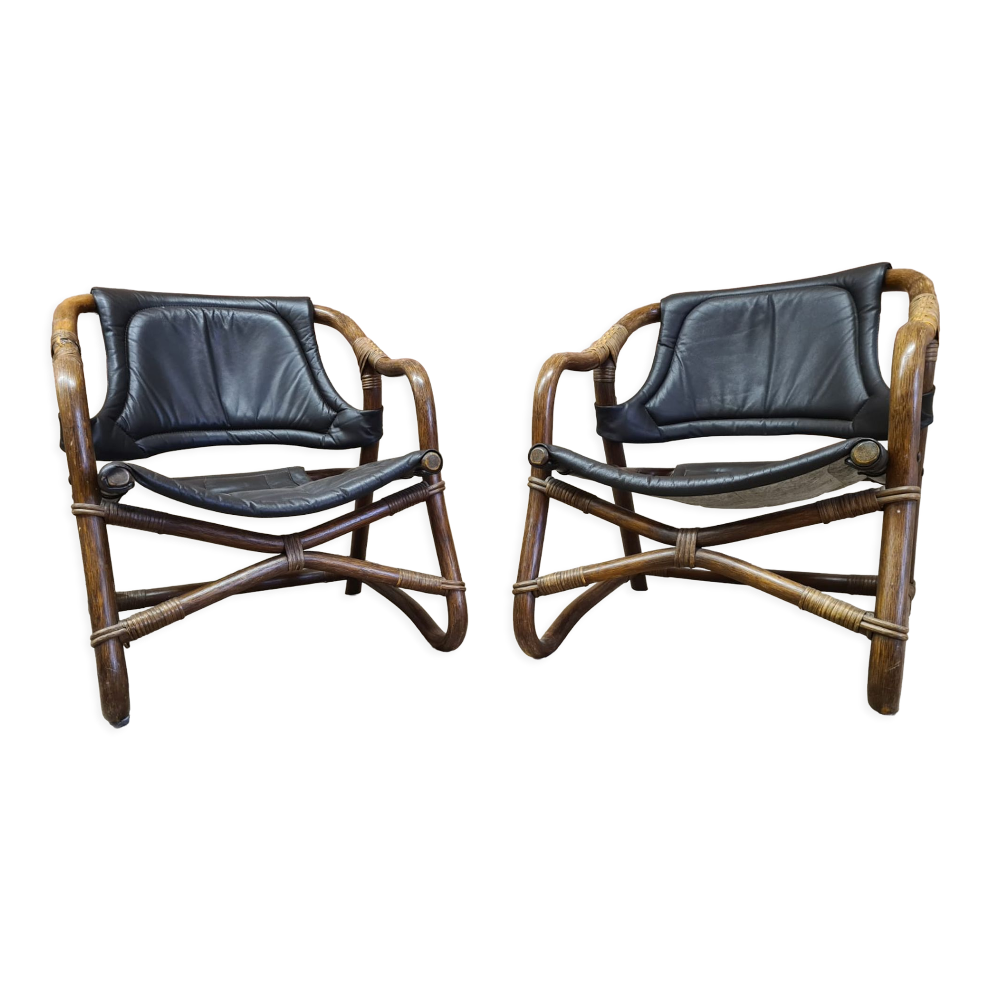Pair of vintage skaï bamboo armchairs