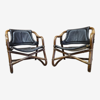 Pair of vintage skaï bamboo armchairs