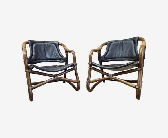 Paire de fauteuils en bambou skaï vintage