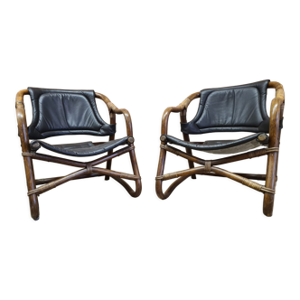 Pair of vintage skaï bamboo armchairs