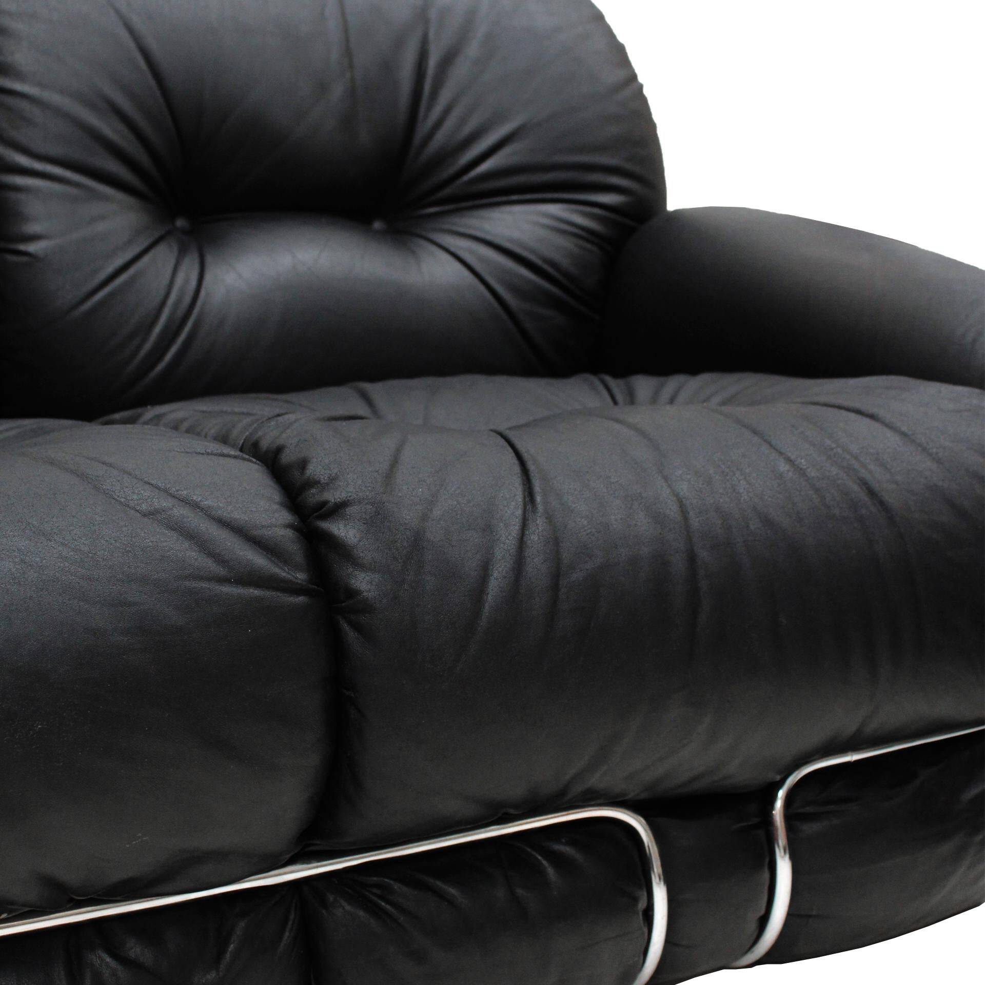 Italian Pair Of Okay Armchairs by Adriano Piazzesi with Black Leather and Steel