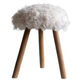 Danish mid-century tripod stool in beech, reupholstered in lambswool, 1960s.