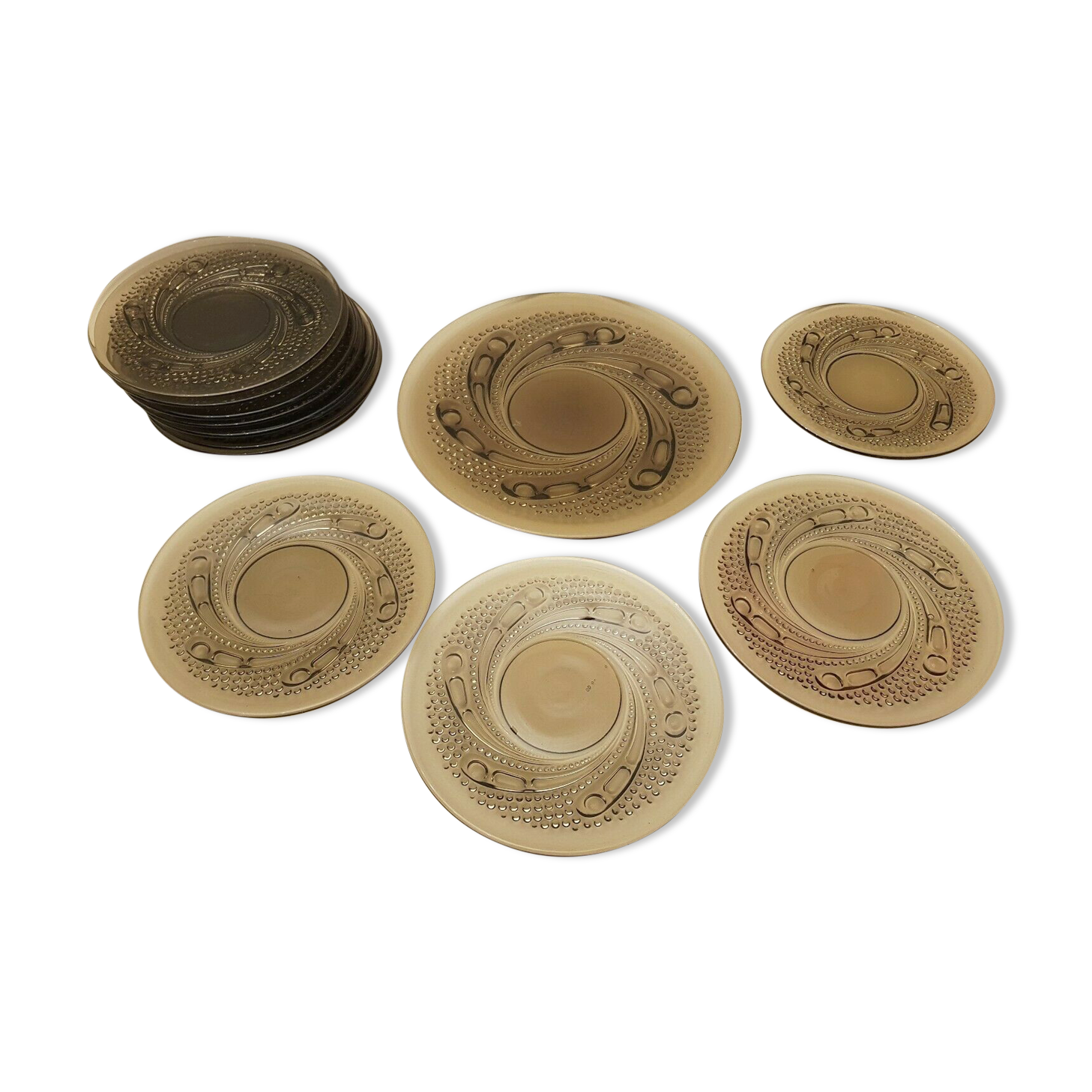 Dessert service 12 plates and vintage space age smoked glass dish