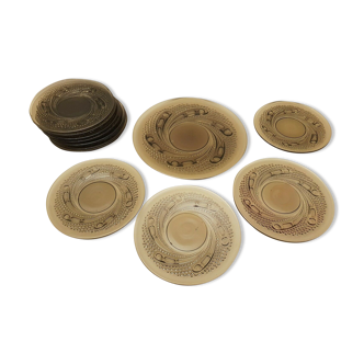 Dessert service 12 plates and vintage space age smoked glass dish