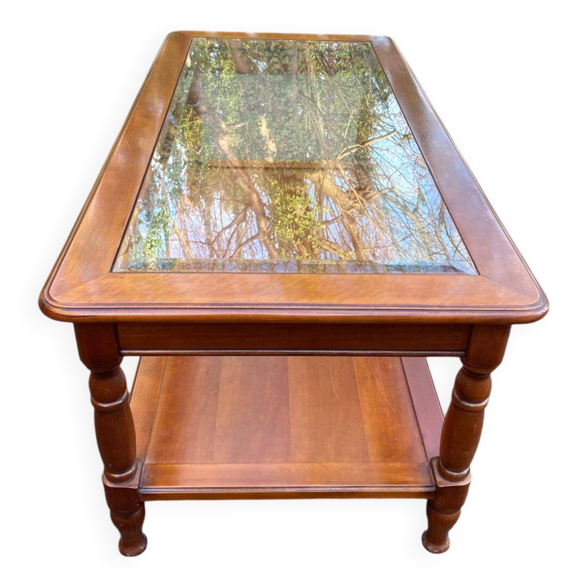 Vintage Louis Philippe coffee table in solid wood and glass, 110x55cm