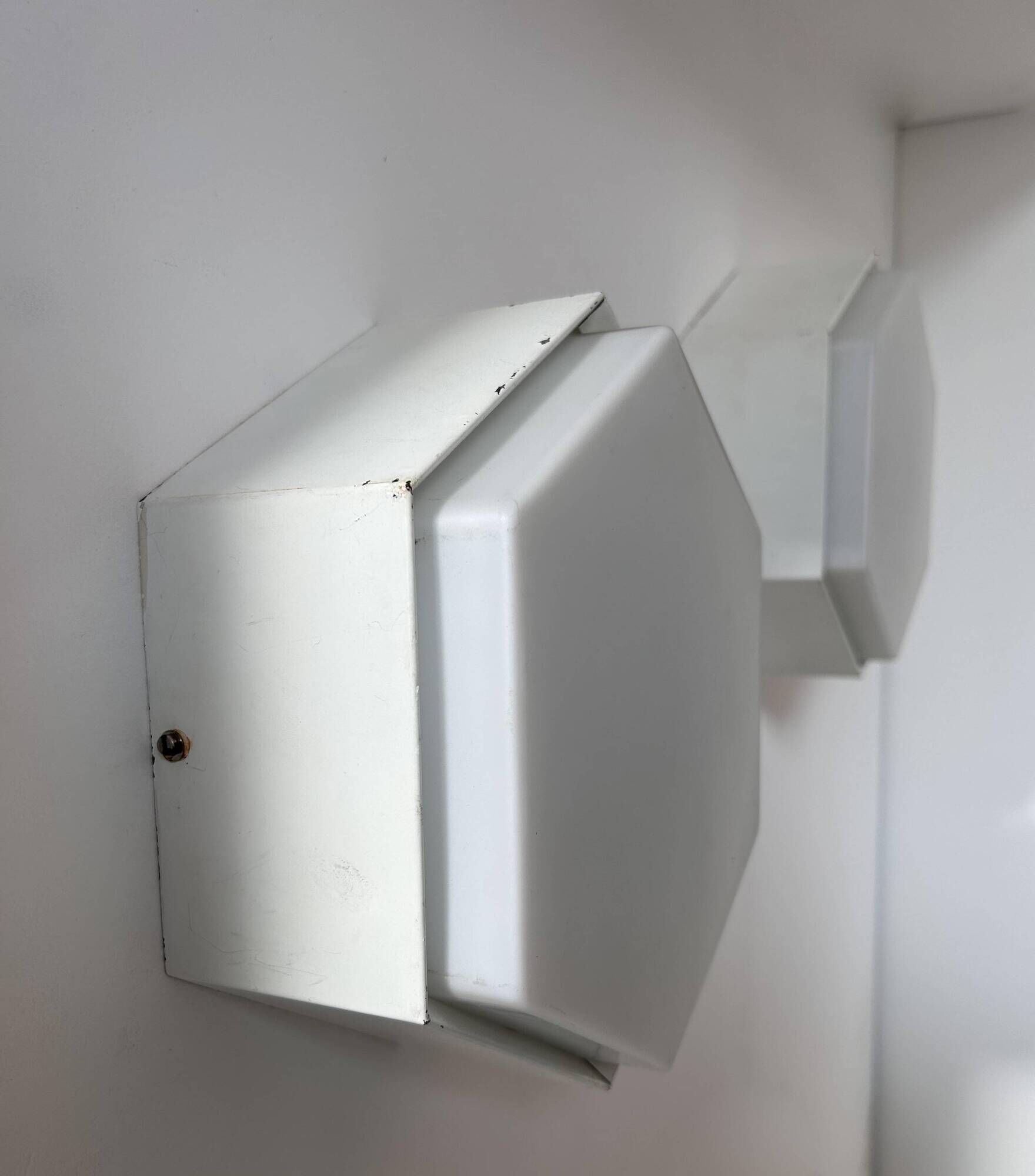 Pair of vintage Raak wall lights, opaline and white lacquered metal, Netherlands 1968