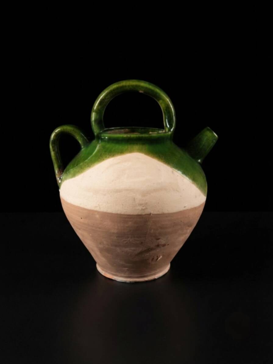 Cruche ancienne terre cuite émaillée verte XIXème siècle