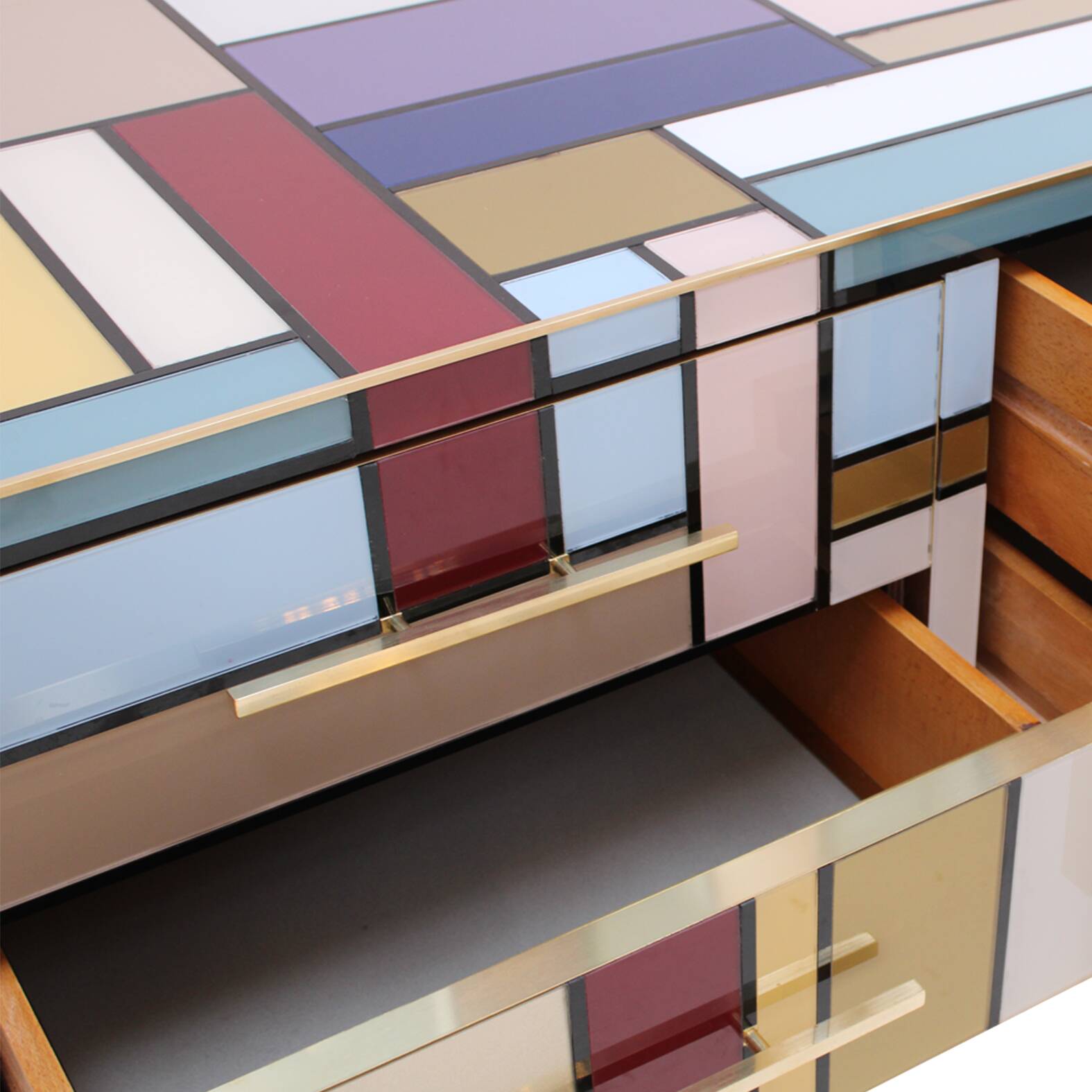 Murano Coloured Glass and Brass Sideboard Composed of 6 Drawers
