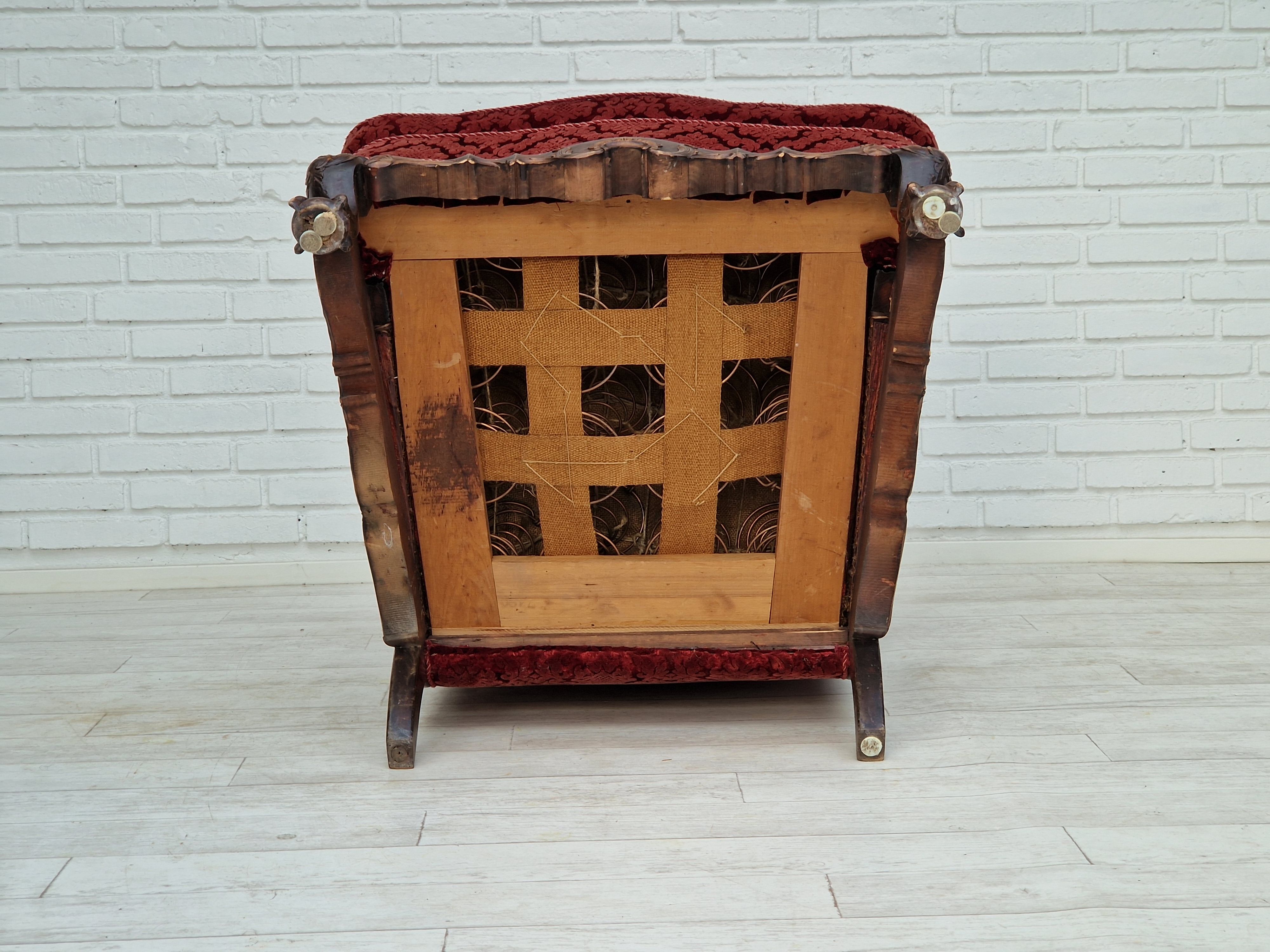 Fauteuil danois en bois de frêne et velour années 1930
